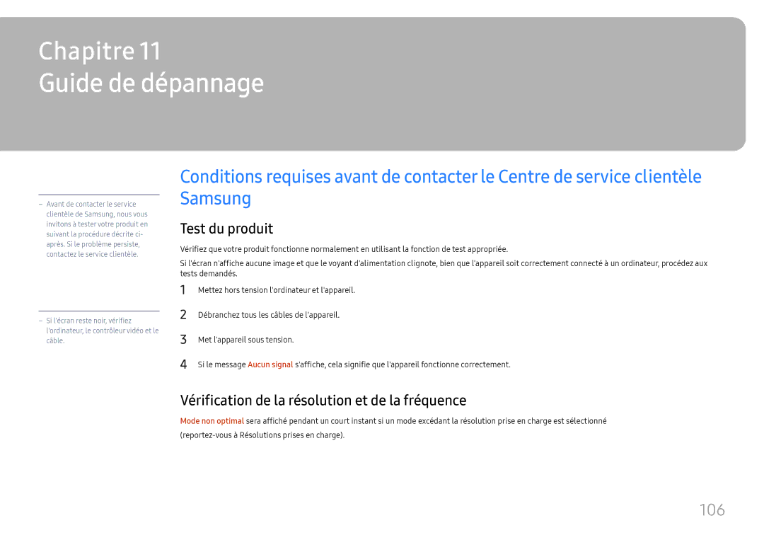 Samsung LH75OHFPLBC/EN manual Guide de dépannage, 106, Test du produit, Vérification de la résolution et de la fréquence 