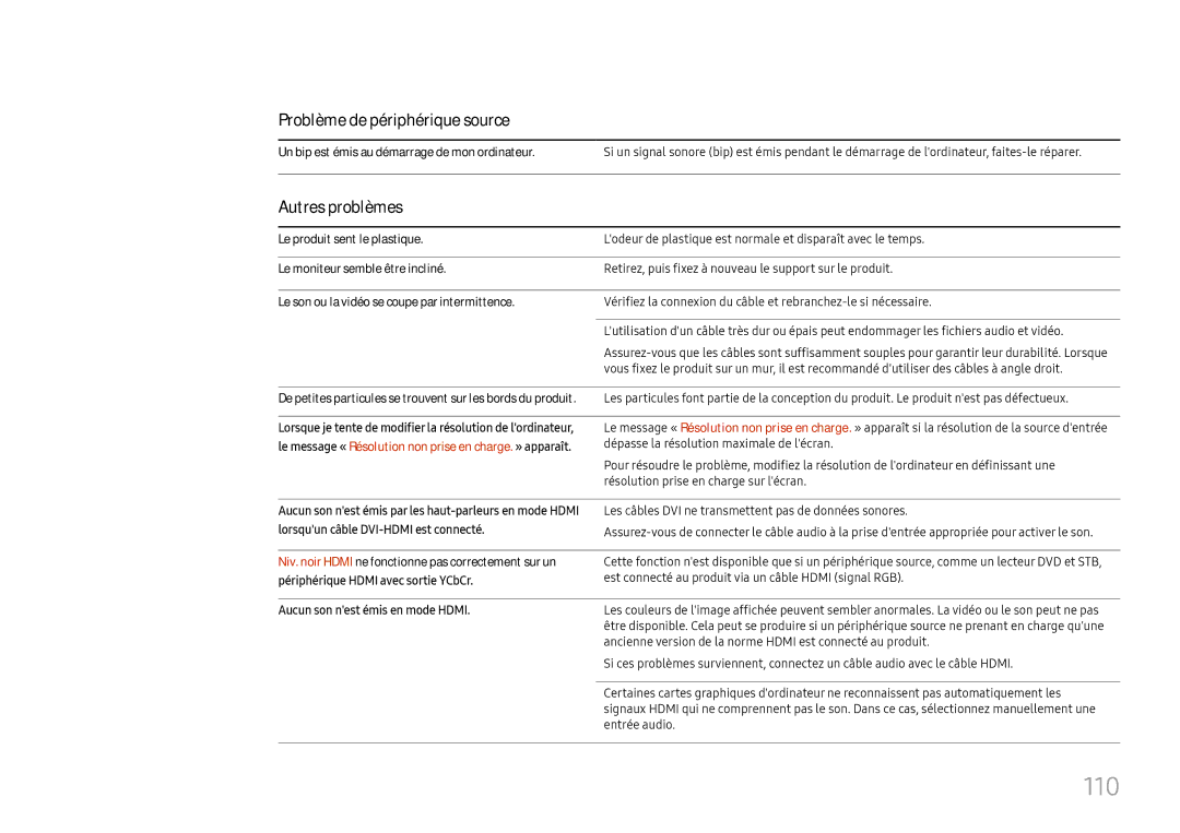 Samsung LH75OHFPLBC/EN manual 110, Problème de périphérique source, Autres problèmes 