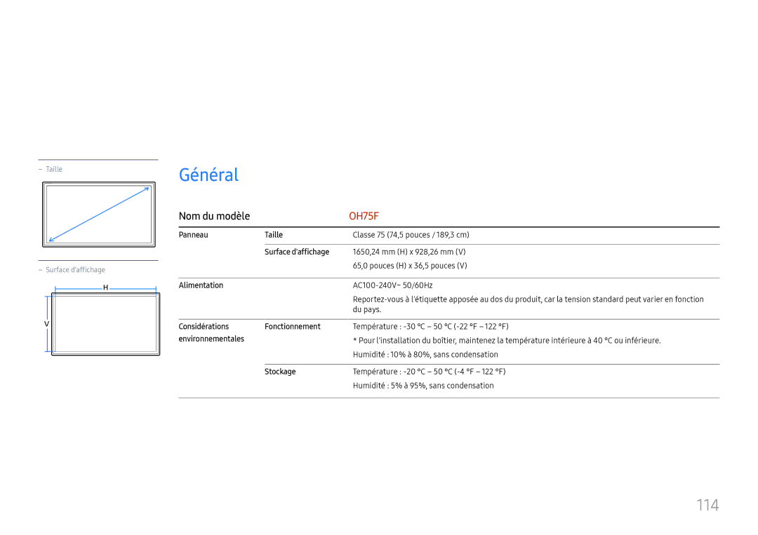 Samsung LH75OHFPLBC/EN manual Caractéristiques techniques, 114, Nom du modèle 