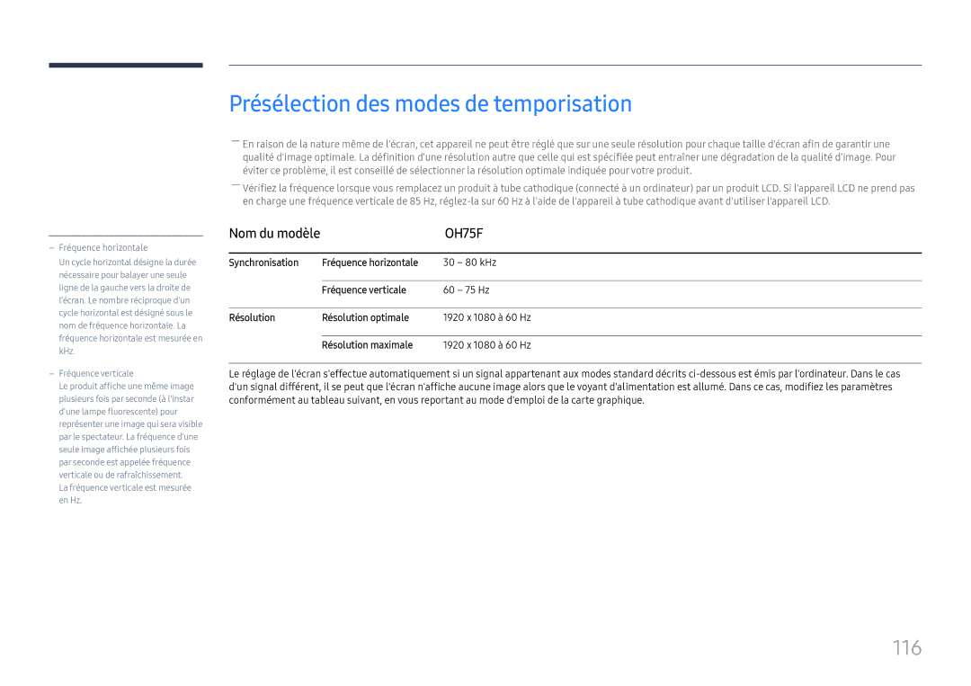 Samsung LH75OHFPLBC/EN manual Présélection des modes de temporisation, 116 