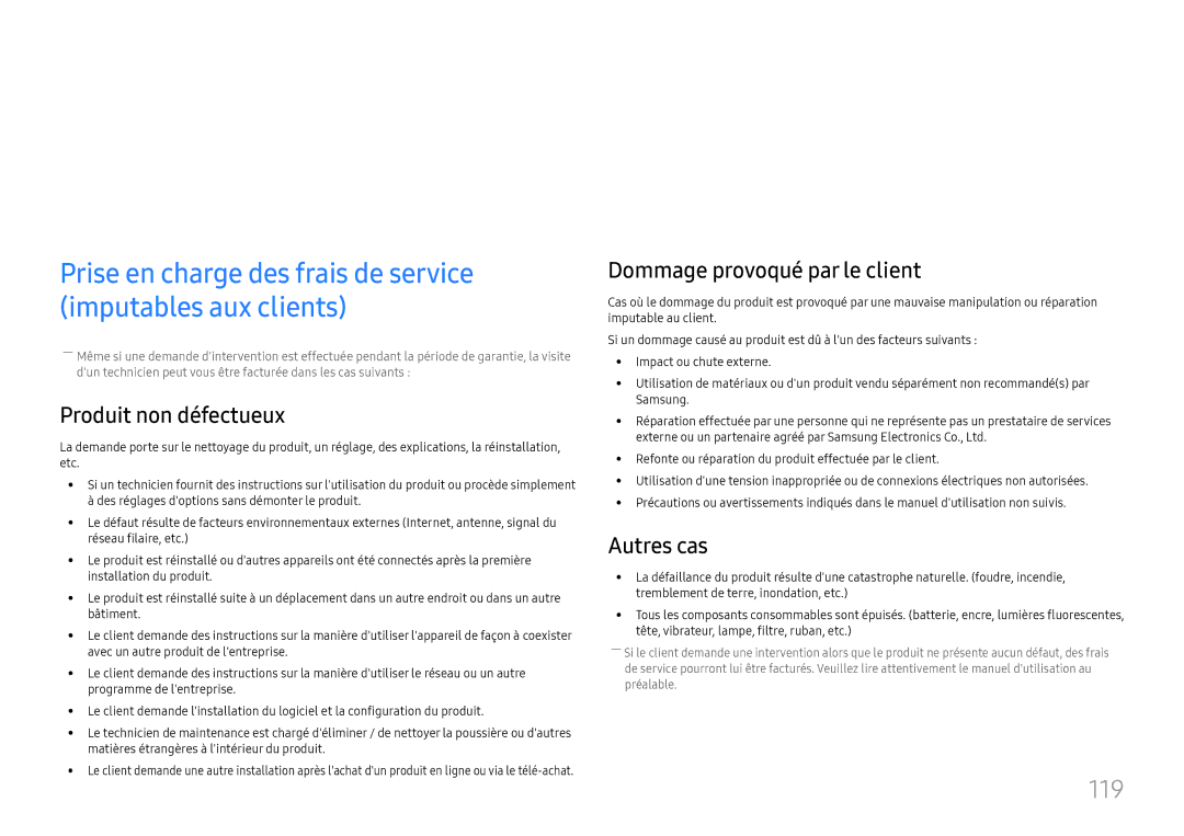 Samsung LH75OHFPLBC/EN manual Annexe, 119, Produit non défectueux, Dommage provoqué par le client, Autres cas 