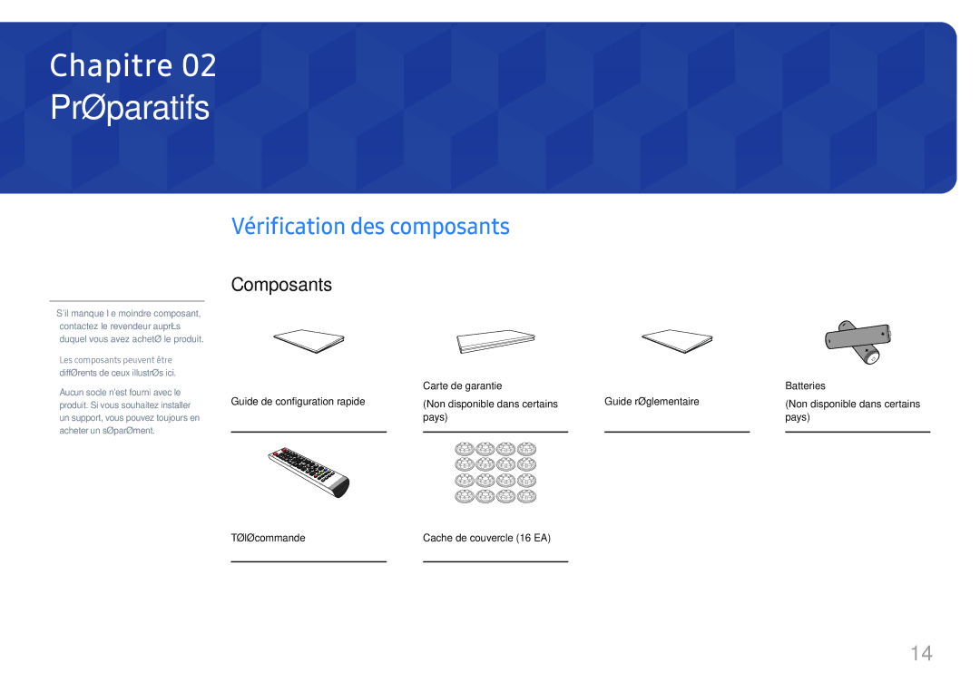 Samsung LH75OHFPLBC/EN manual Préparatifs, Vérification des composants, Composants 