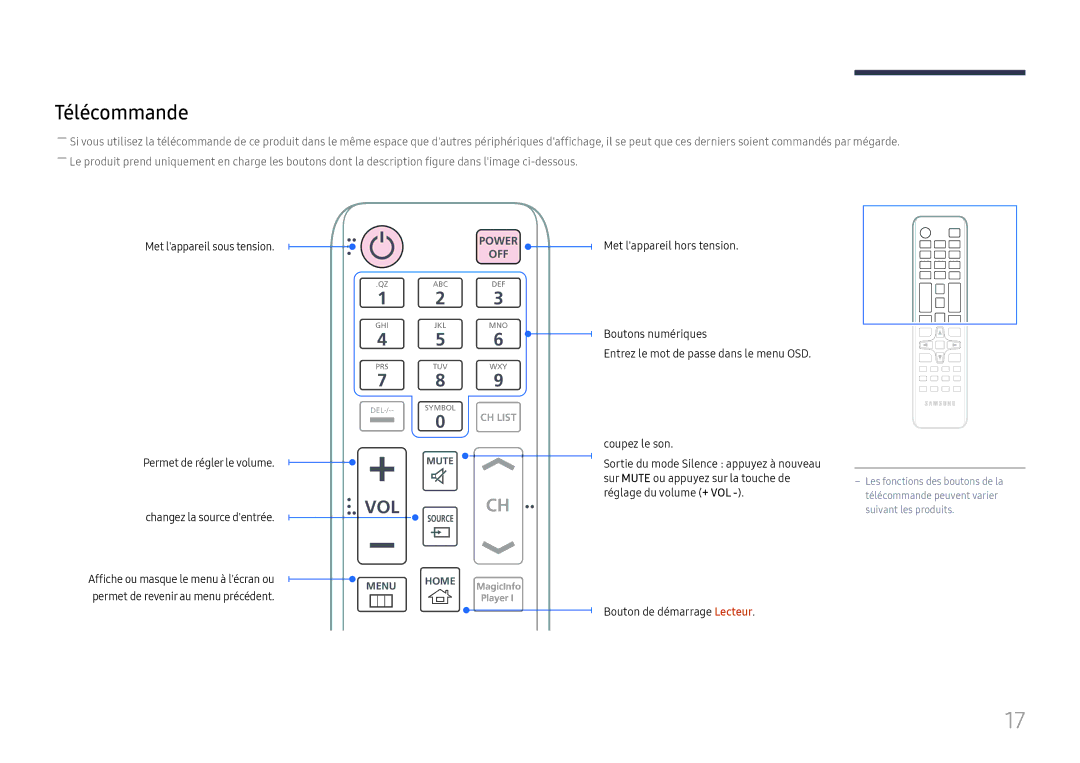 Samsung LH75OHFPLBC/EN manual Télécommande, Vol 