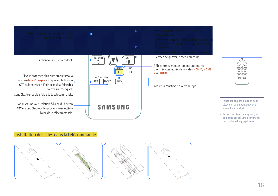 Samsung LH75OHFPLBC/EN manual Installation des piles dans la télécommande, C D 