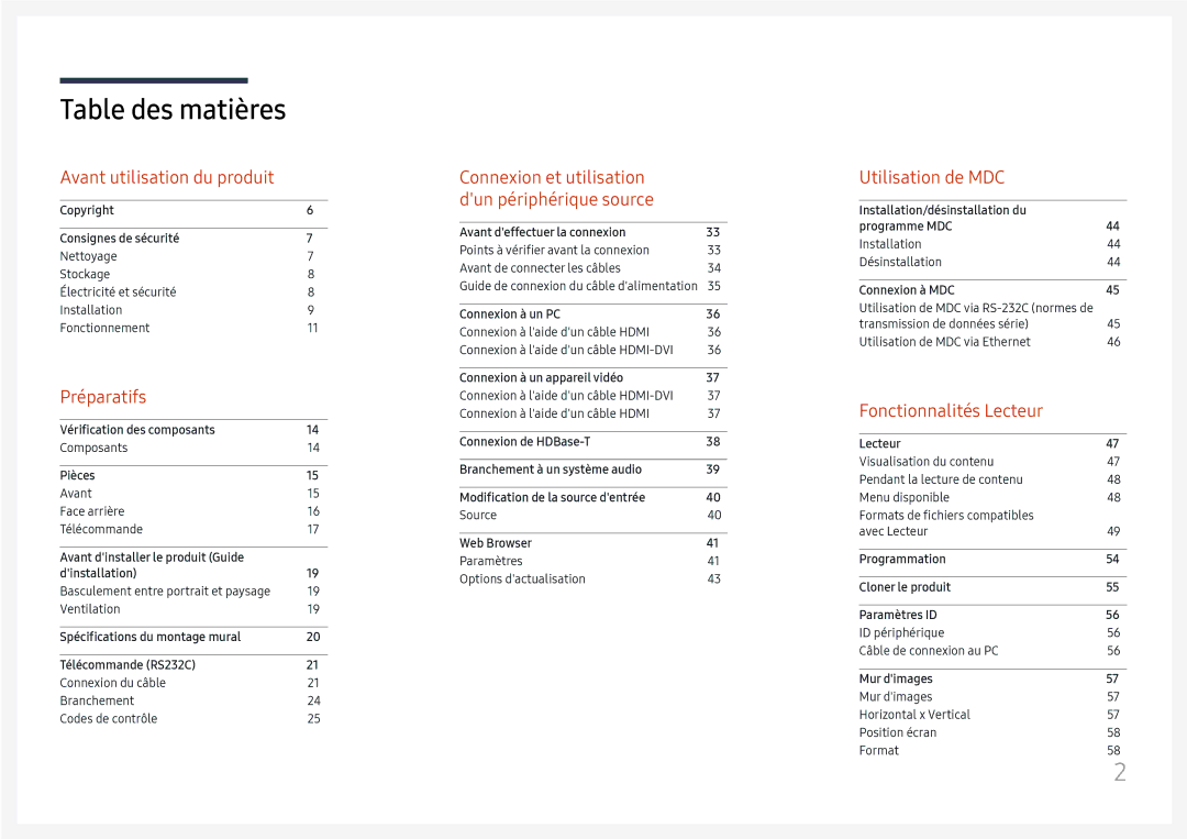 Samsung LH75OHFPLBC/EN manual Table des matières 