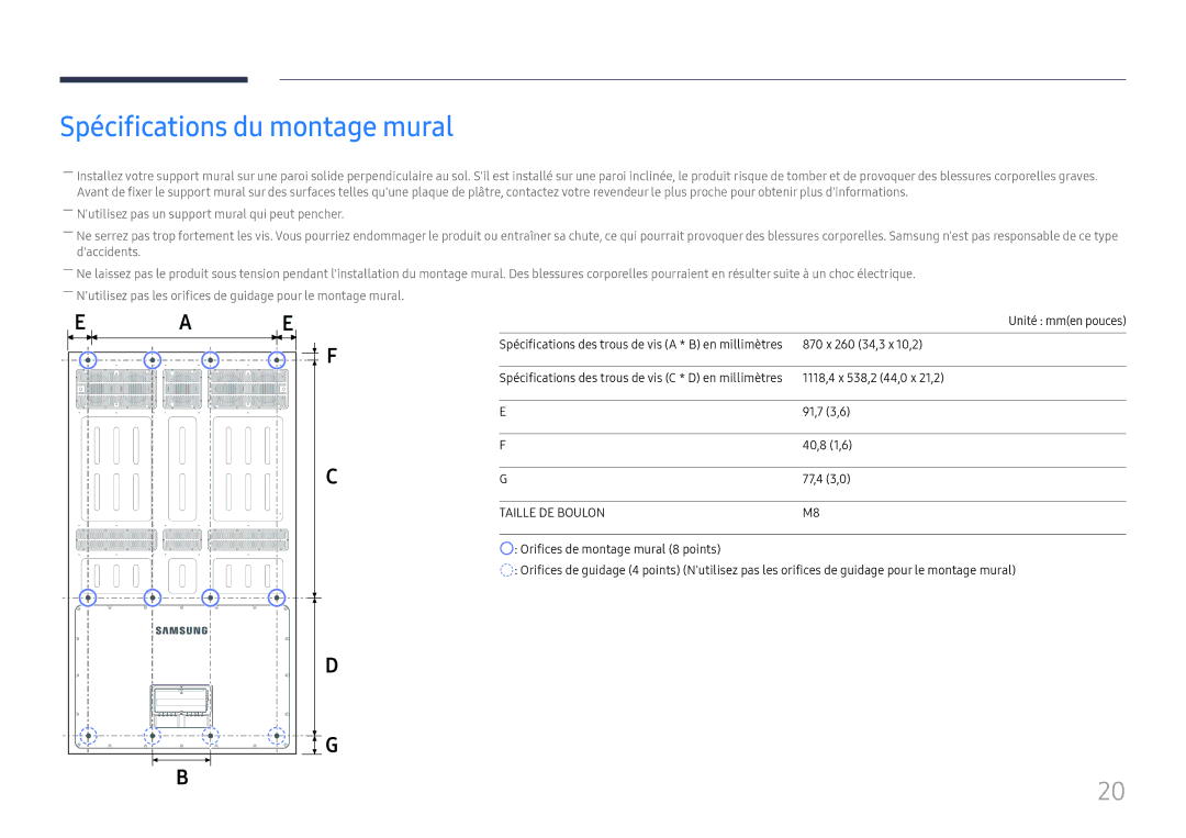 Samsung LH75OHFPLBC/EN manual Spécifications du montage mural, Taille DE Boulon 