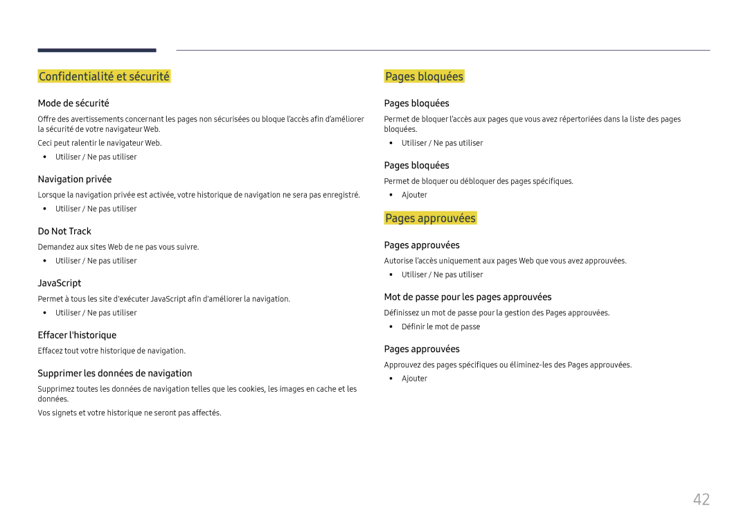 Samsung LH75OHFPLBC/EN manual Confidentialité et sécurité, Pages bloquées, Pages approuvées 