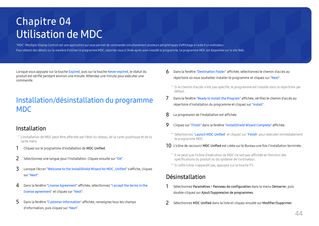 Samsung LH75OHFPLBC/EN manual Utilisation de MDC, Désinstallation, Double-cliquez sur Ajout/Suppression de programmes 