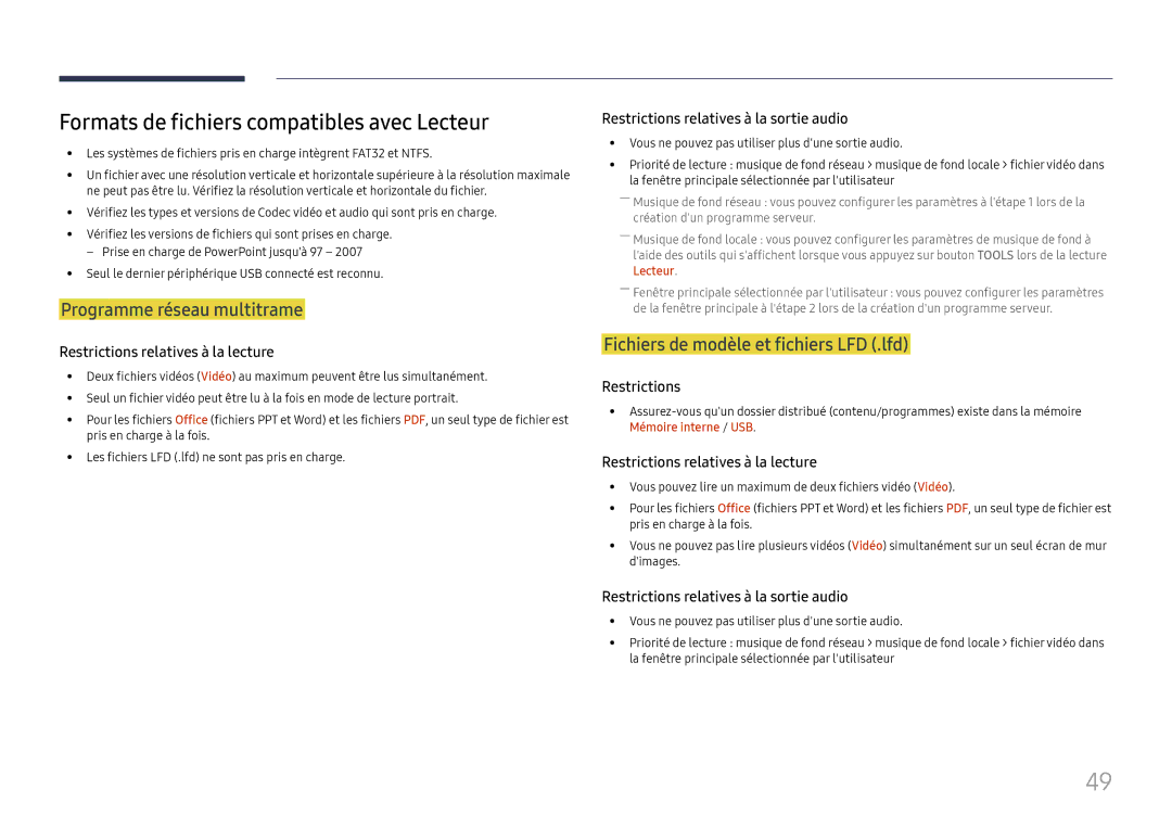 Samsung LH75OHFPLBC/EN manual Formats de fichiers compatibles avec Lecteur, Programme réseau multitrame 