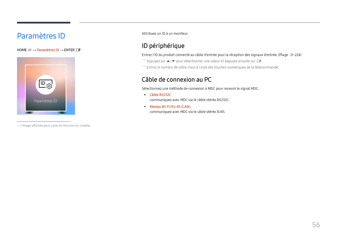 Samsung LH75OHFPLBC/EN manual Paramètres ID, ID périphérique, Câble de connexion au PC 