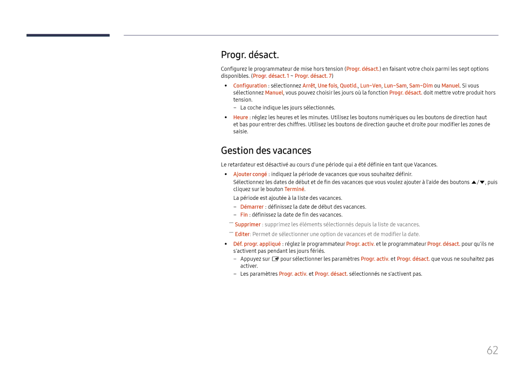 Samsung LH75OHFPLBC/EN manual Progr. désact, Gestion des vacances 