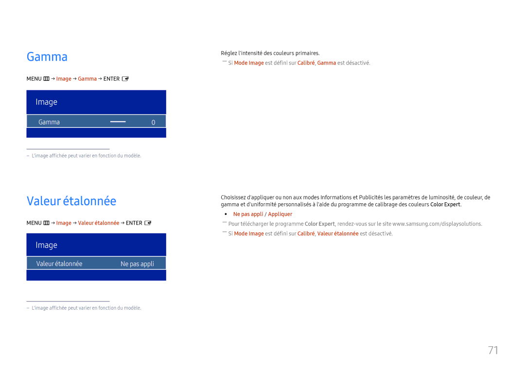 Samsung LH75OHFPLBC/EN manual Gamma, Valeur étalonnée Ne pas appli 