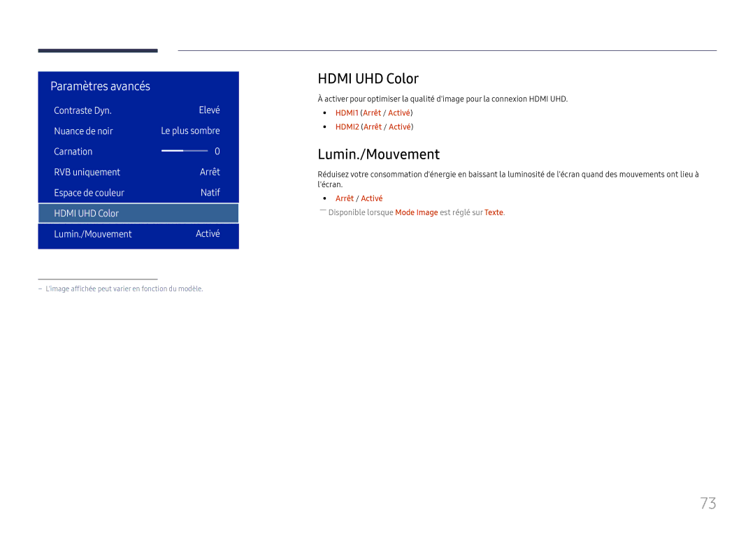 Samsung LH75OHFPLBC/EN manual Hdmi UHD Color, Lumin./Mouvement, HDMI1 Arrêt / Activé HDMI2 Arrêt / Activé 