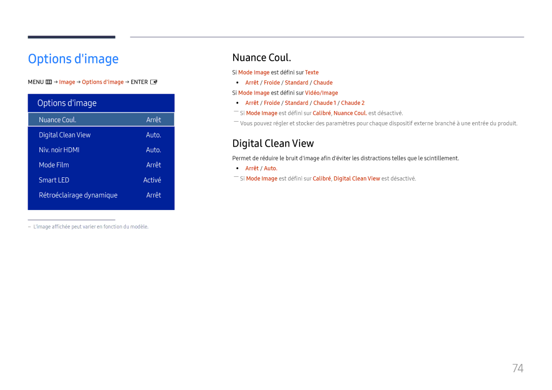 Samsung LH75OHFPLBC/EN manual Options dimage, Nuance Coul, Digital Clean View, Rétroéclairage dynamique Arrêt 