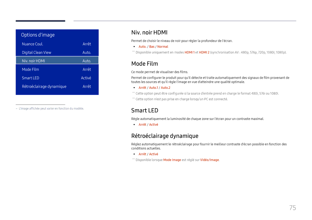 Samsung LH75OHFPLBC/EN manual Niv. noir Hdmi, Mode Film, Smart LED, Rétroéclairage dynamique 