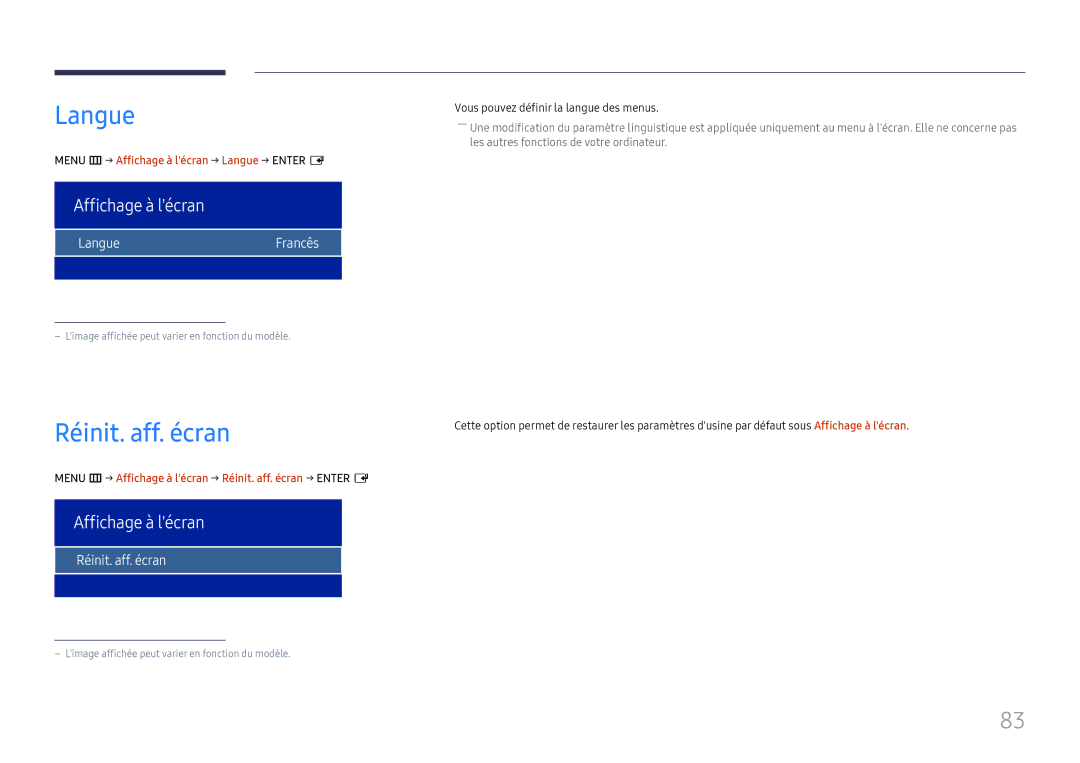 Samsung LH75OHFPLBC/EN manual Réinit. aff. écran, Affichage à lécran, LangueFrancês 