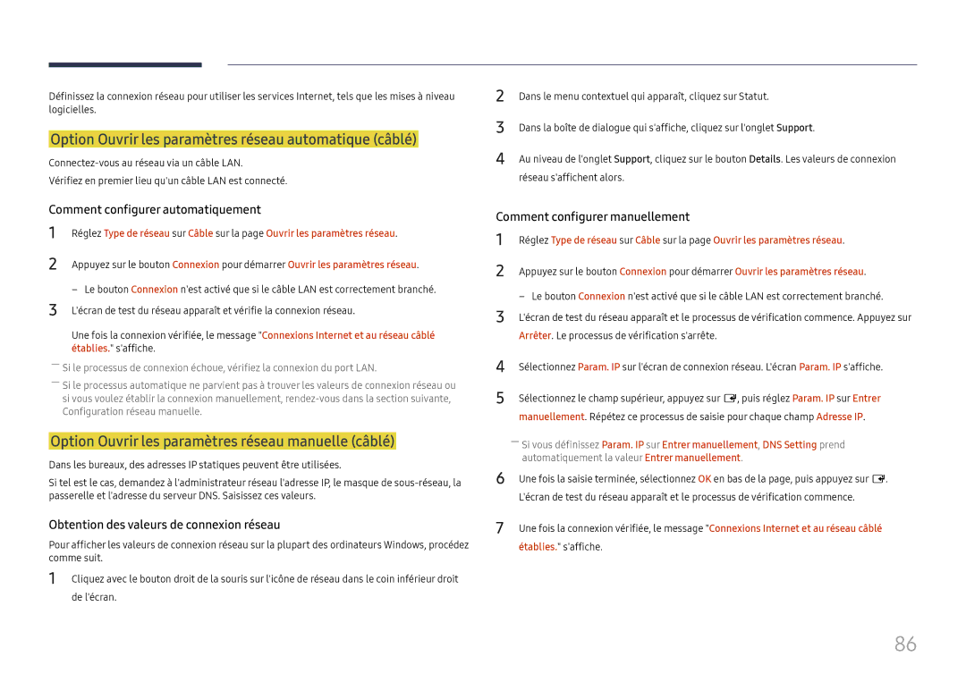 Samsung LH75OHFPLBC/EN manual Option Ouvrir les paramètres réseau automatique câblé 