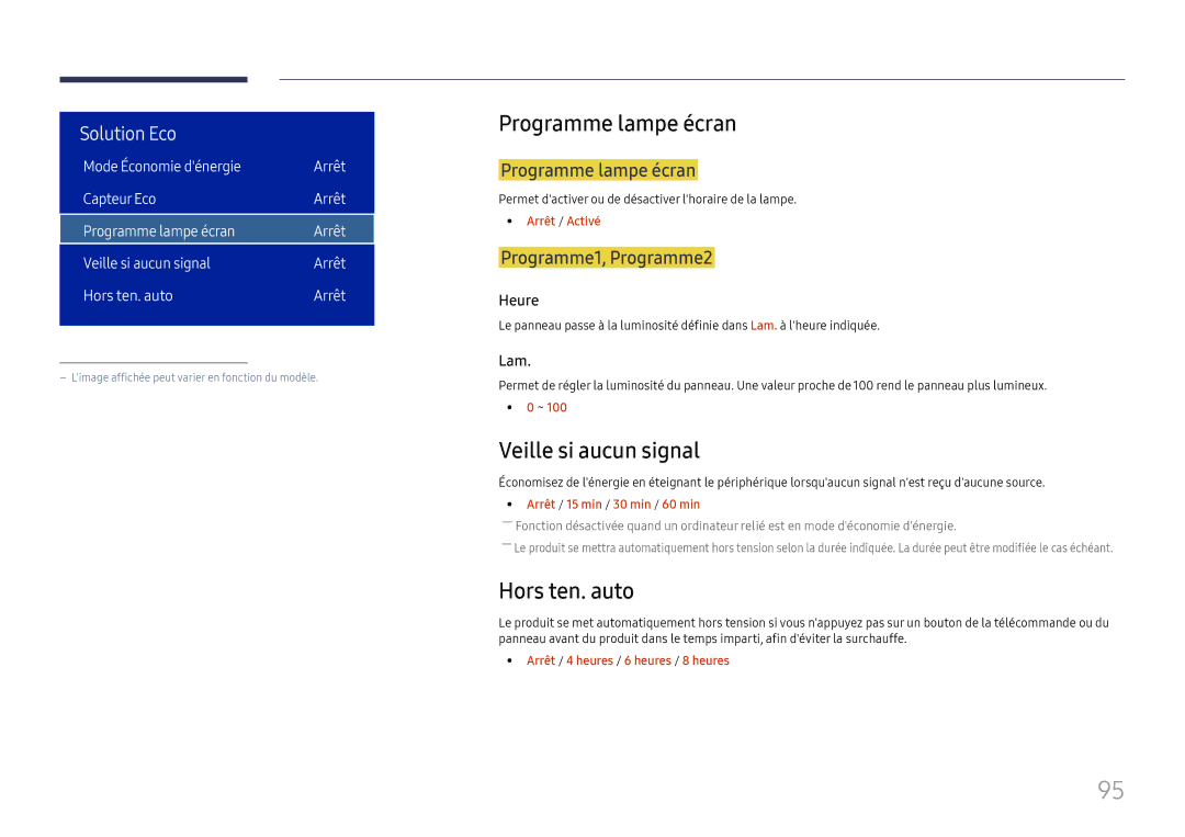 Samsung LH75OHFPLBC/EN manual Programme lampe écran, Veille si aucun signal, Hors ten. auto, Programme1, Programme2 