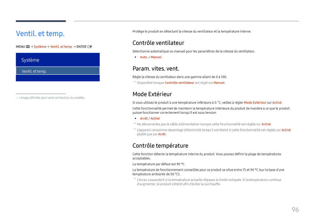 Samsung LH75OHFPLBC/EN Ventil. et temp, Contrôle ventilateur, Param. vites. vent, Mode Extérieur, Contrôle température 