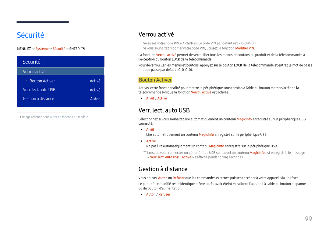 Samsung LH75OHFPLBC/EN manual Sécurité, Verrou activé, Verr. lect. auto USB, Gestion à distance 