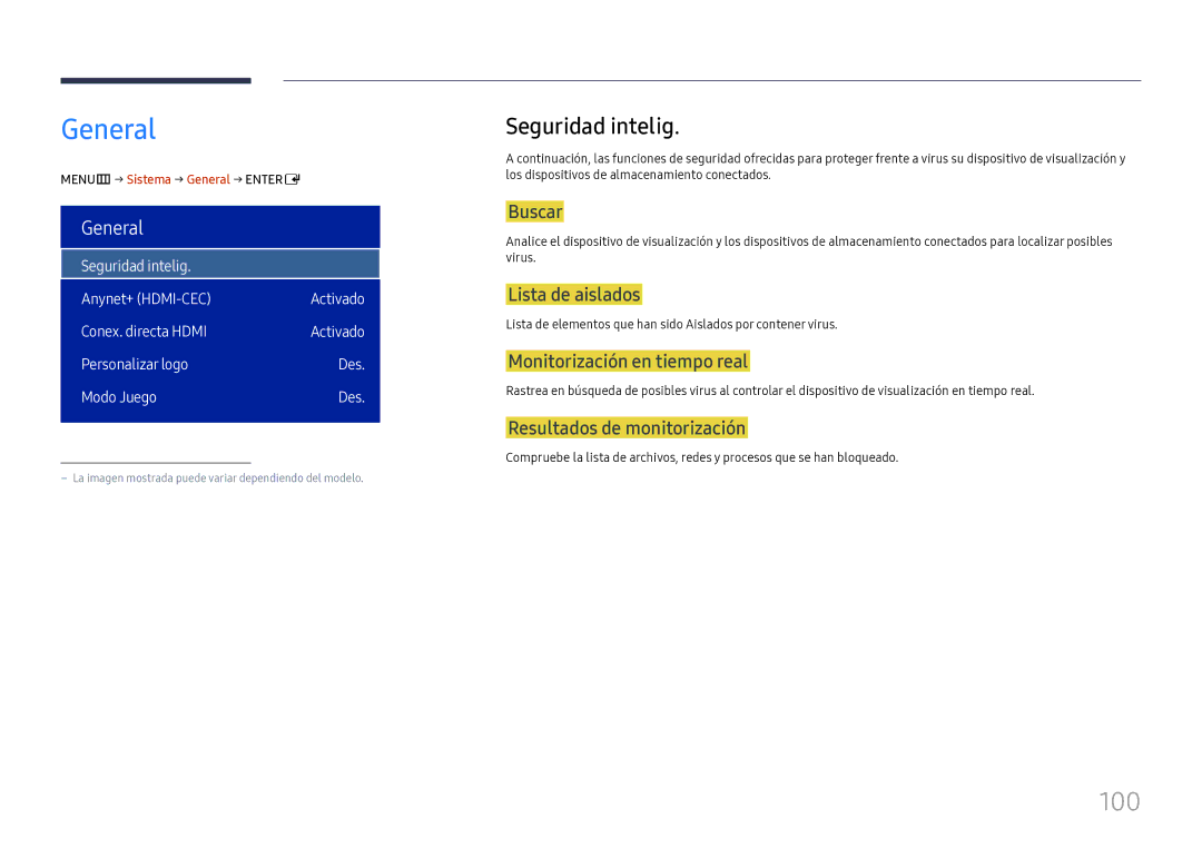 Samsung LH75OHFPLBC/EN manual General, 100, Seguridad intelig 