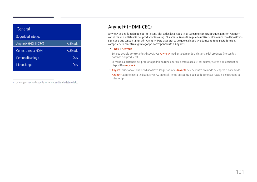 Samsung LH75OHFPLBC/EN manual 101, Anynet+ HDMI-CEC 