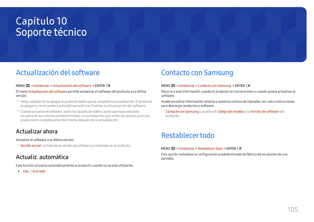 Samsung LH75OHFPLBC/EN manual Soporte técnico, Actualización del software, Contacto con Samsung, Restablecer todo, 105 