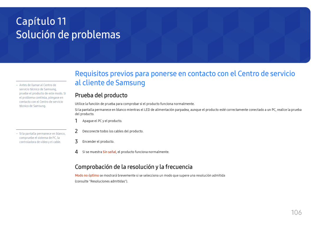 Samsung LH75OHFPLBC/EN Solución de problemas, 106, Prueba del producto, Comprobación de la resolución y la frecuencia 