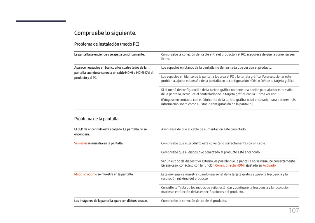 Samsung LH75OHFPLBC/EN manual 107, Compruebe lo siguiente, Problema de instalación modo PC, Problema de la pantalla 