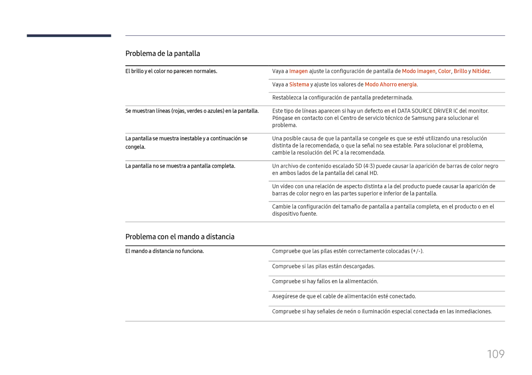 Samsung LH75OHFPLBC/EN manual 109, Problema con el mando a distancia 