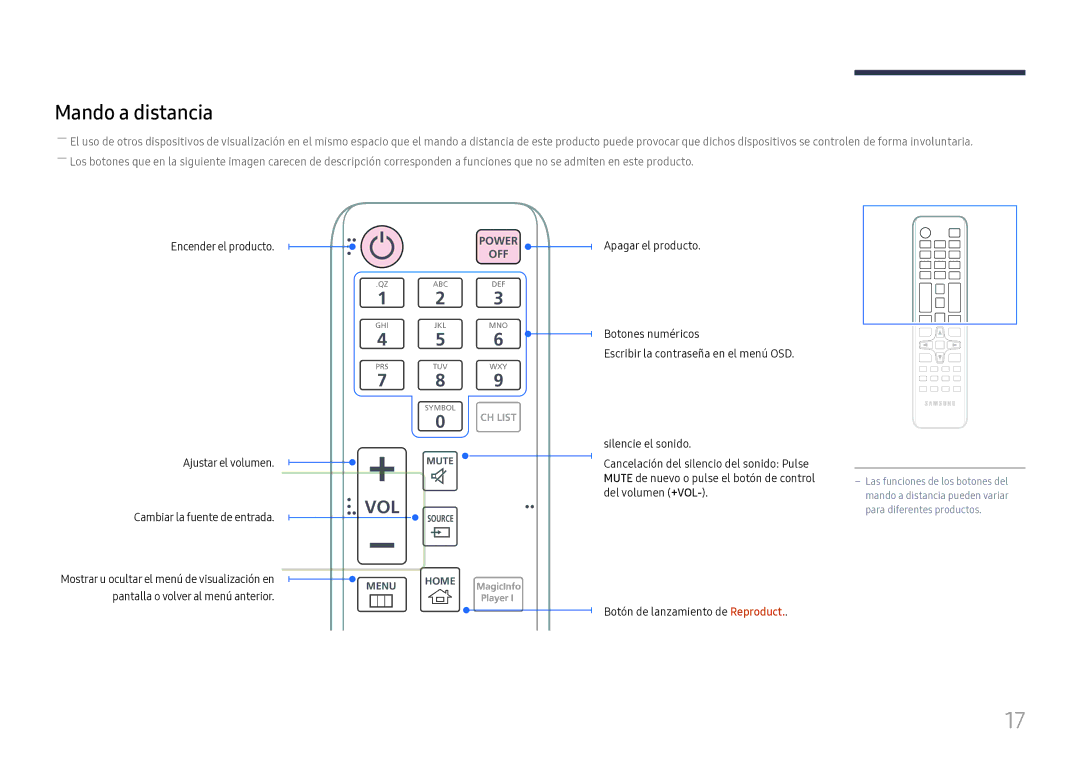 Samsung LH75OHFPLBC/EN manual Mando a distancia, Encender el producto Ajustar el volumen 