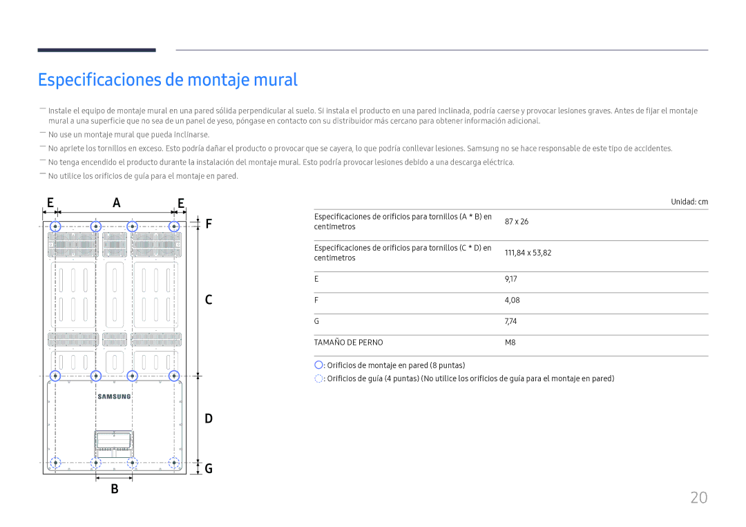 Samsung LH75OHFPLBC/EN manual Especificaciones de montaje mural, Unidad cm, 87 x, Centimetros, 111,84 x 53,82 