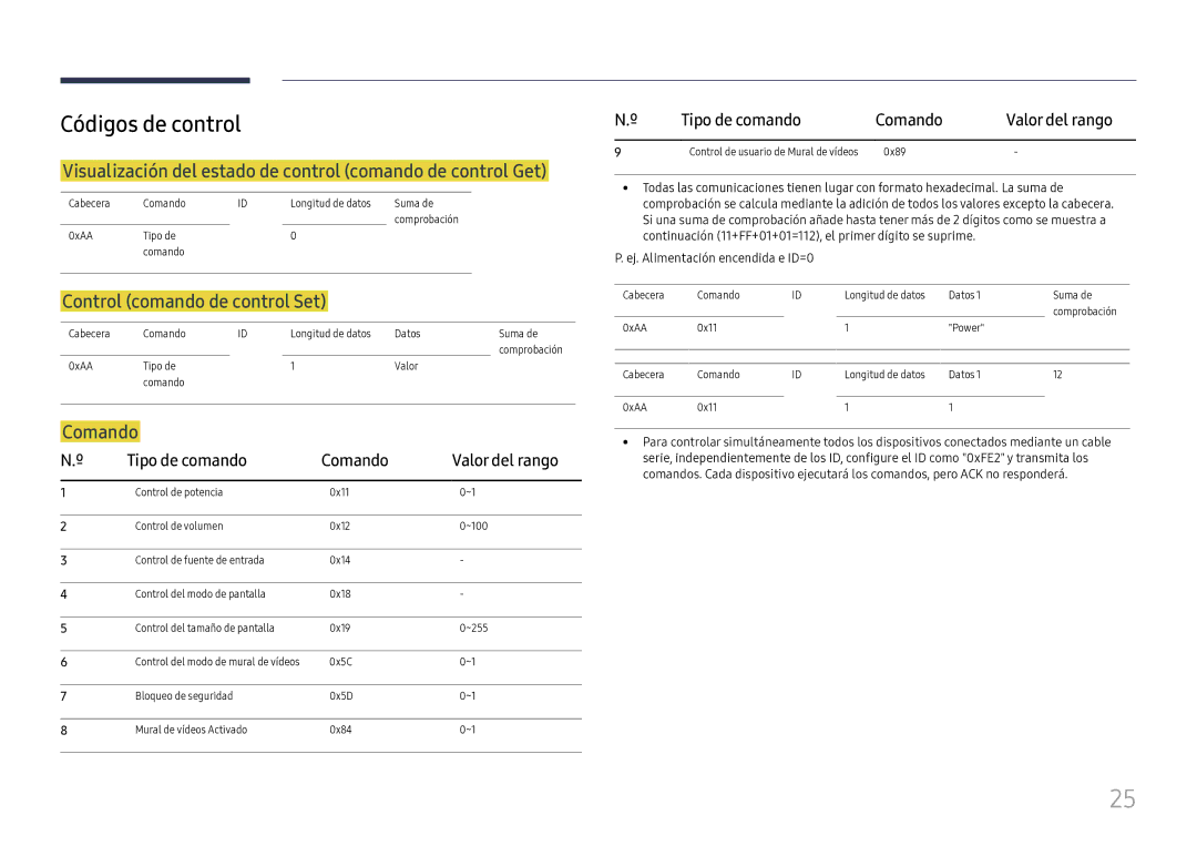 Samsung LH75OHFPLBC/EN manual Códigos de control, Visualización del estado de control comando de control Get, Comando 