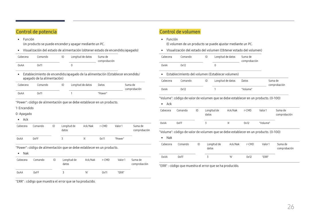 Samsung LH75OHFPLBC/EN manual Control de potencia, Control de volumen, ERR código que muestra el error que se ha producido 