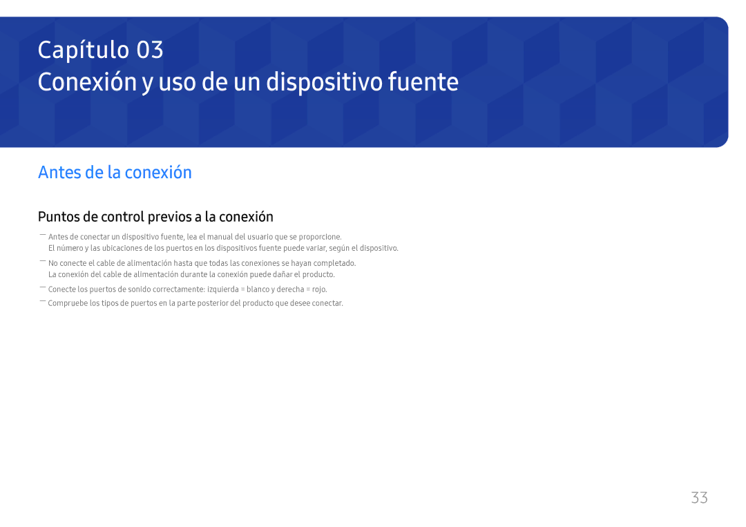 Samsung LH75OHFPLBC/EN manual Conexión y uso de un dispositivo fuente, Antes de la conexión 