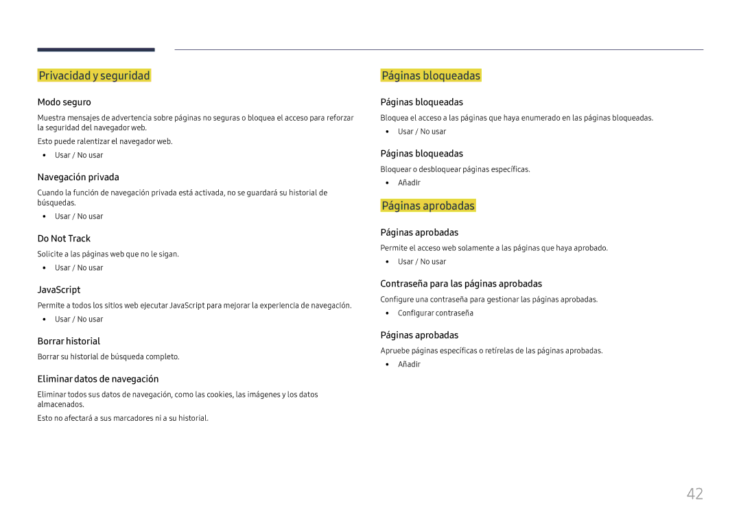 Samsung LH75OHFPLBC/EN manual Privacidad y seguridad, Páginas bloqueadas, Páginas aprobadas 