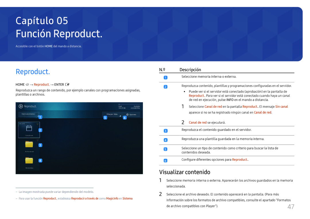 Samsung LH75OHFPLBC/EN manual Función Reproduct, Visualizar contenido, Canal de red se ejecutará 