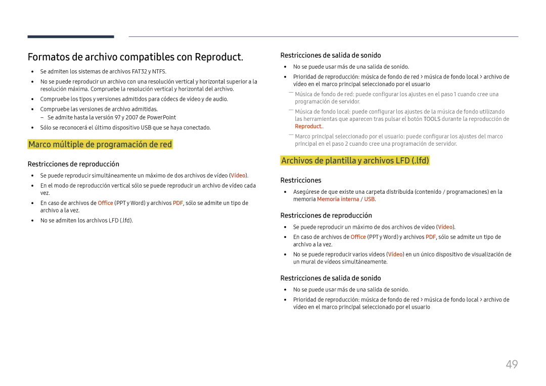 Samsung LH75OHFPLBC/EN manual Formatos de archivo compatibles con Reproduct, Marco múltiple de programación de red 