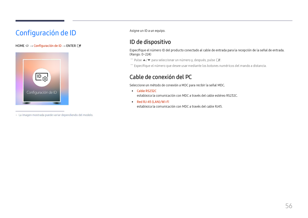 Samsung LH75OHFPLBC/EN manual Configuración de ID, ID de dispositivo, Cable de conexión del PC 