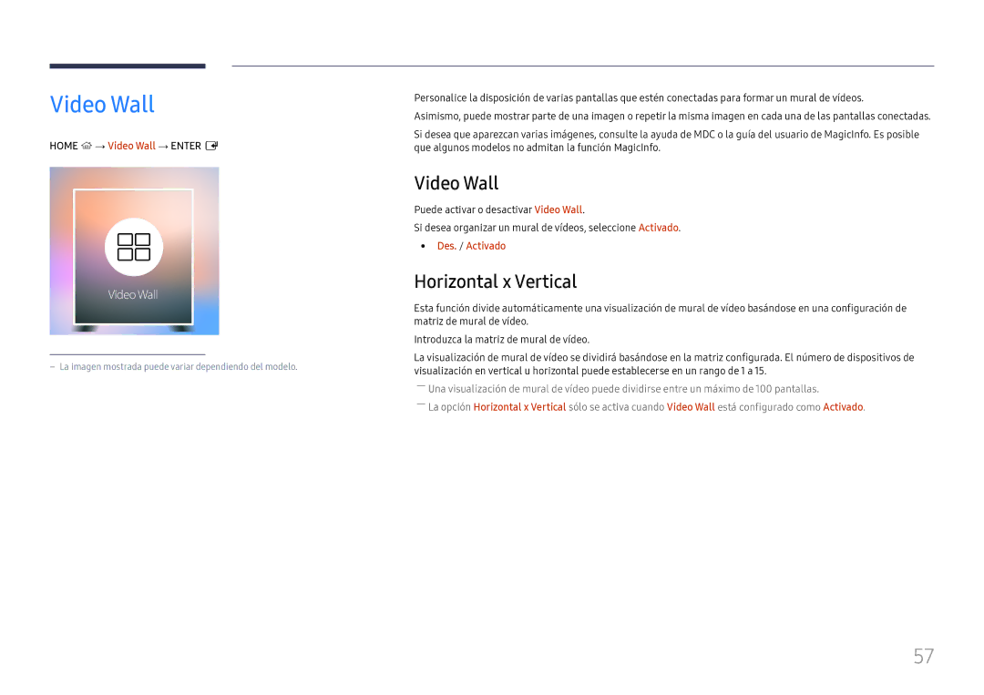 Samsung LH75OHFPLBC/EN manual Video Wall, Horizontal x Vertical, Des. / Activado 