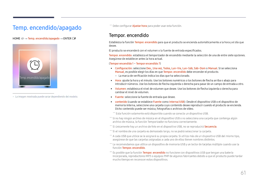 Samsung LH75OHFPLBC/EN manual Tempor. encendido, Home → Temp. encendido/apagado → Enter E 