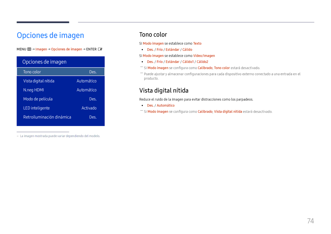 Samsung LH75OHFPLBC/EN manual Opciones de imagen, Tono color, Vista digital nítida 