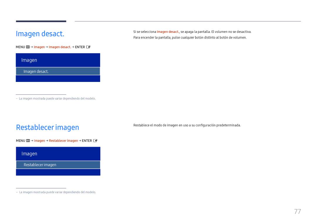 Samsung LH75OHFPLBC/EN manual Imagen desact, Restablecer imagen 