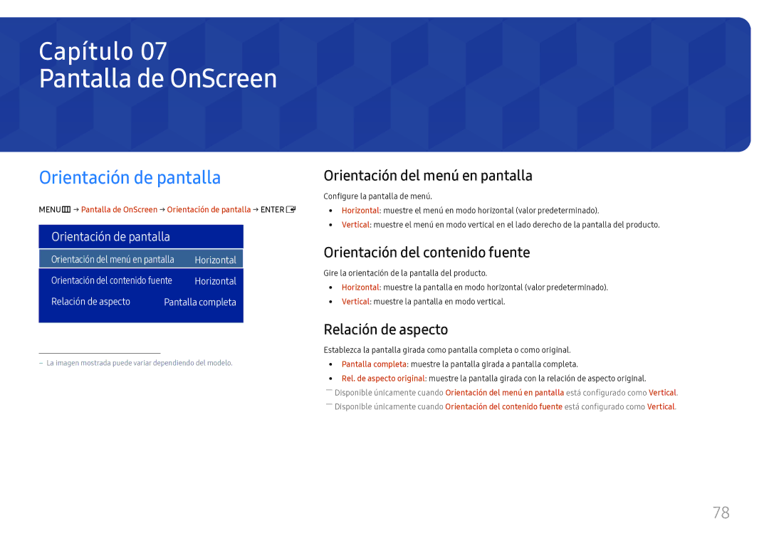 Samsung LH75OHFPLBC/EN manual Pantalla de OnScreen, Orientación de pantalla, Orientación del menú en pantalla 