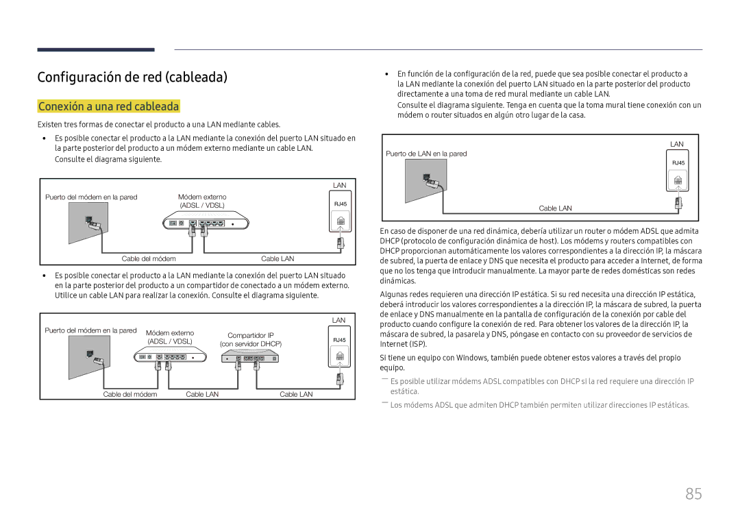 Samsung LH75OHFPLBC/EN manual Configuración de red cableada, Conexión a una red cableada, Consulte el diagrama siguiente 