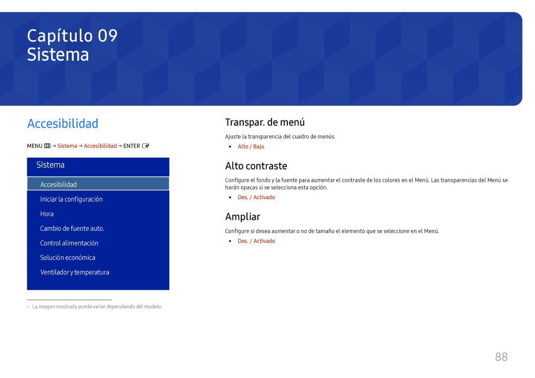 Samsung LH75OHFPLBC/EN manual Sistema, Accesibilidad, Transpar. de menú, Alto contraste, Ampliar 