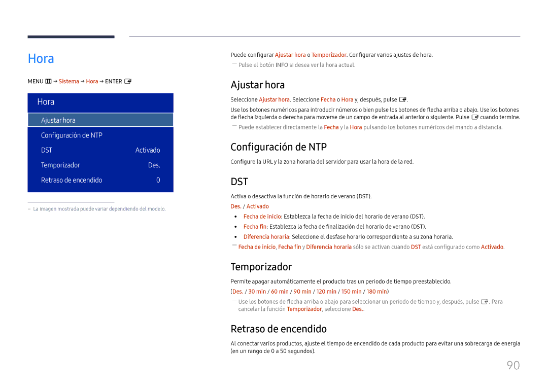 Samsung LH75OHFPLBC/EN manual Hora, Ajustar hora, Configuración de NTP, Temporizador, Retraso de encendido 