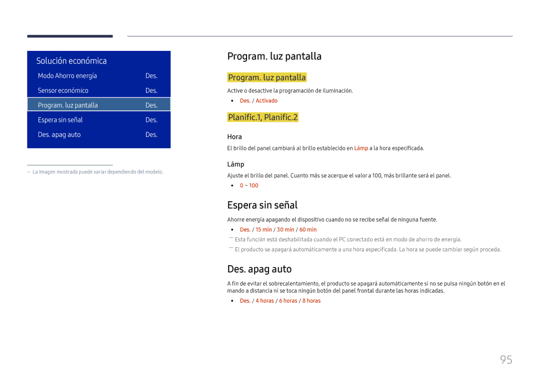 Samsung LH75OHFPLBC/EN manual Program. luz pantalla, Espera sin señal, Des. apag auto, Planific.1, Planific.2 