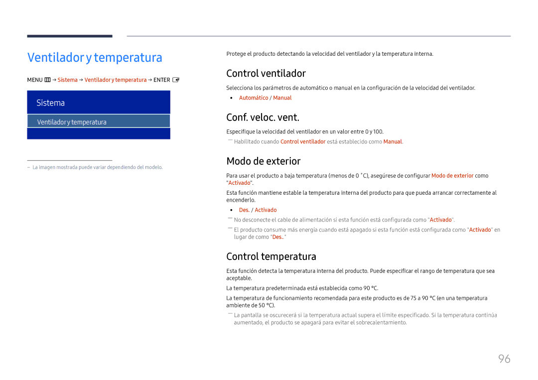 Samsung LH75OHFPLBC/EN manual Ventiladory temperatura, Control ventilador, Conf. veloc. vent, Modo de exterior 