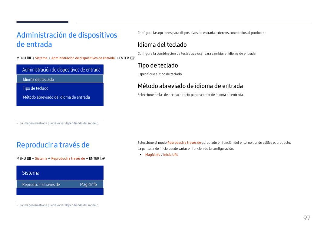 Samsung LH75OHFPLBC/EN manual Administración de dispositivos de entrada, Reproducir a través de, Idioma del teclado 